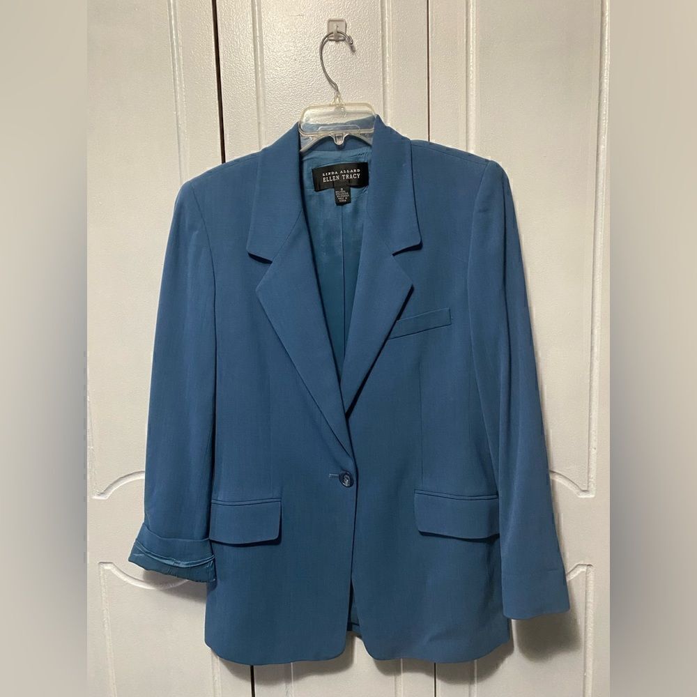 Ellen Tracy Blue  Single Button Blazer Wool Size 8